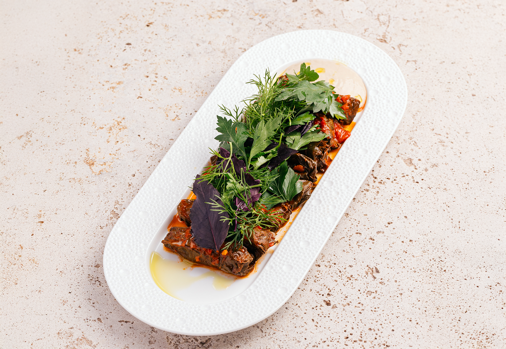 Grape leaf dolma with vitello tonnato sauce