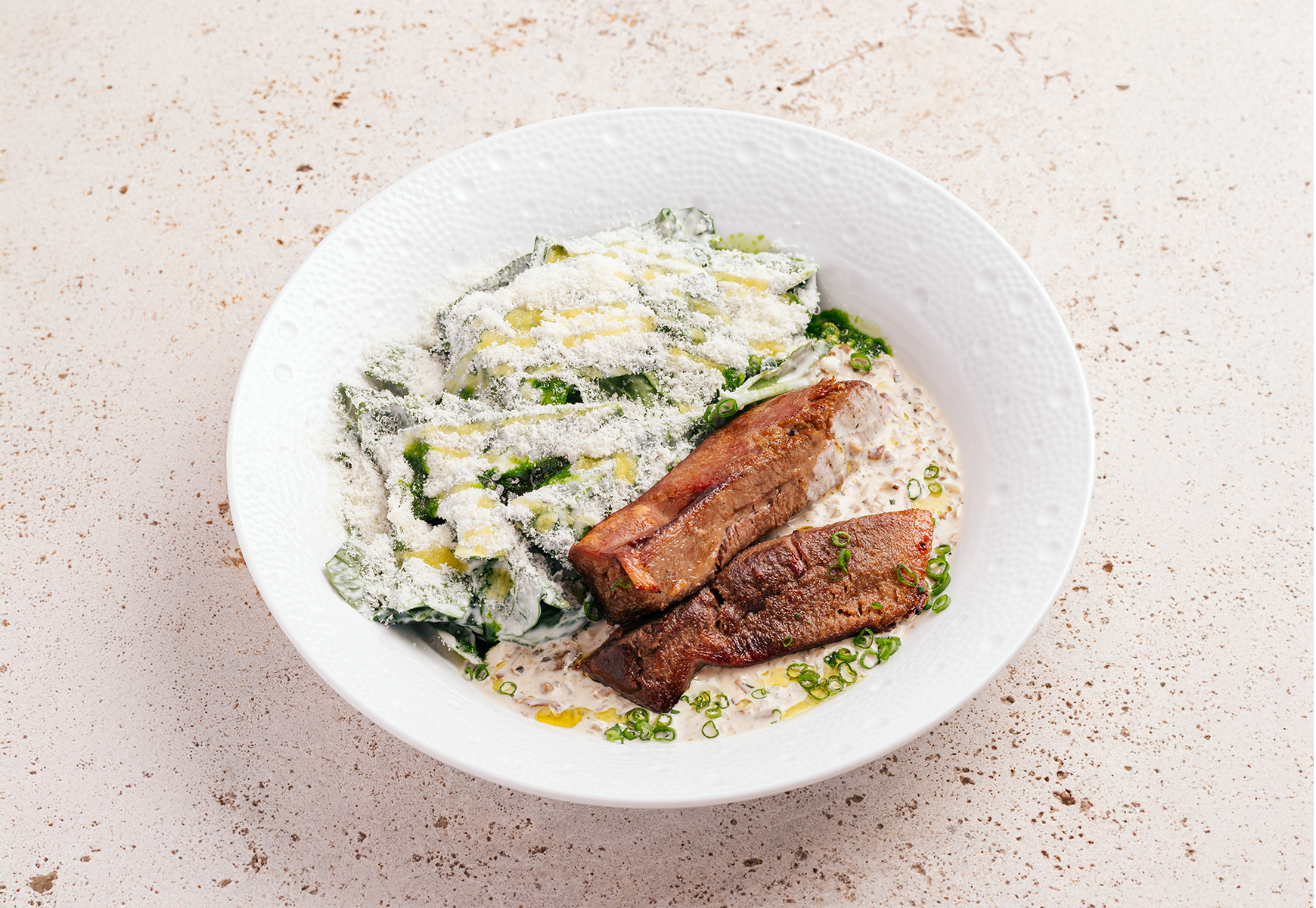 Beef tongue with spinach and Roquefort